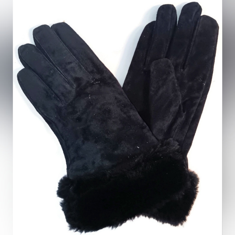 WOMEN'S FUR CUFFED NAVY SUEDE LEATHER GLOVES, XLARGE,FAUX FUR,POLYESTER LINED